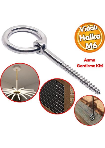 Halkalı Metal Paslanmaz M6 Vidalı Sabitleme Gerdirme Çekme Kaldırma Tavan Kancası Asma Kit Kiti