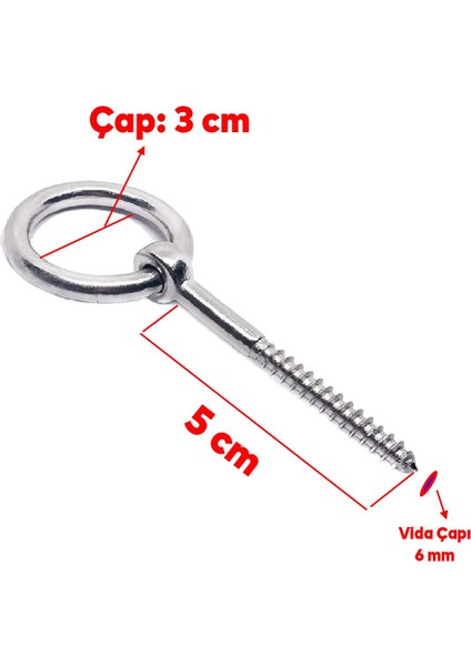 Halkalı Metal Paslanmaz M6 Vidalı Sabitleme Gerdirme Çekme Kaldırma Tavan Kancası Asma Kit Kiti