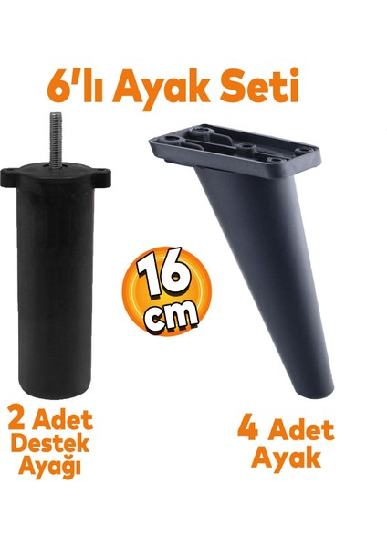 Regnum 6'lı Set Mobilya Tv Ünitesi Çekyat Koltuk Kanepe Destek Ayağı 16 cm Siyah Ayak M8 Civatalı