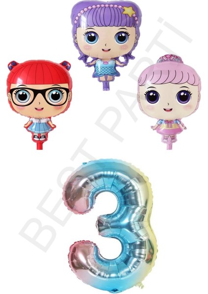 3 Karakter Kız Bebek ve Gökkuşağı Rakam Folyo Balon Seti Yaş 3