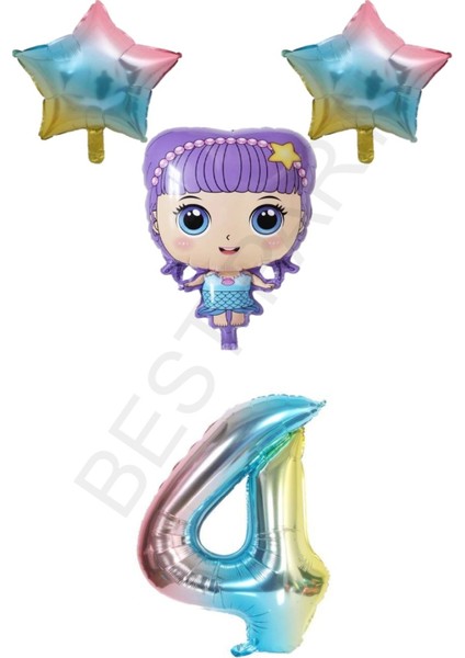Mor Renk Kız Bebek Gökkuşağı Rakam ve Yıldız Folyo Balon Seti Yaş 4