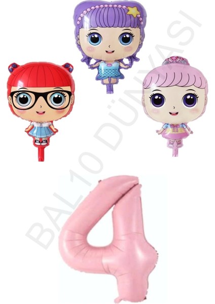 3 Karakter Kız Bebek ve Pembe Rakam Folyo Balon Seti Yaş 4