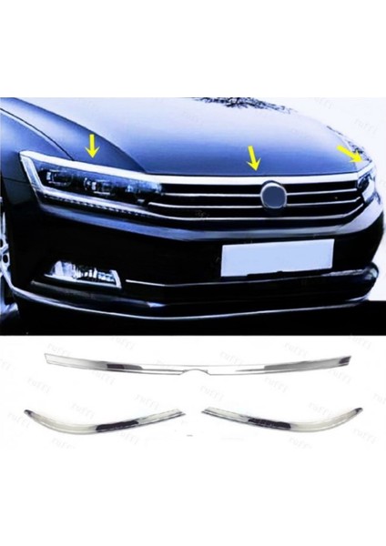 Fams Otomotiv Vw Passat B8 Krom Kaput Çıtası + Far Üzeri Çıta 3 Parça 2014-2019 Paslanmaz Çelik