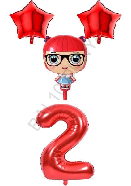Kırmızı Renk Kız Bebek Rakam ve Yıldız Folyo Balon Seti Yaş 2