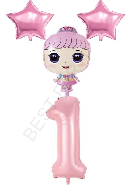 Pembe Renk Kız Bebek Rakam ve Yıldız Folyo Balon Seti Yaş 1