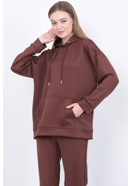 Kadın Kahve Scuba Kapüşonlu Sweatshirt Oversize