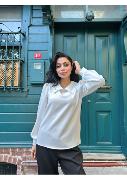 Uzun Kollu Yakalı Beyaz Krep Bluz modelleri