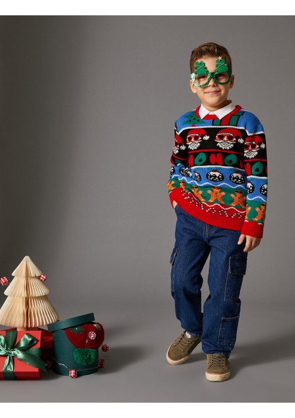 Yılbaşı Temalı Kazak Uzun Kollu Bisiklet Yaka
