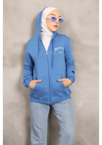 İndigo Kapüşonlu Üç İplik Şardonlu Sweatshirt