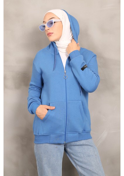 İndigo Kapüşonlu Üç İplik Şardonlu Sweatshirt