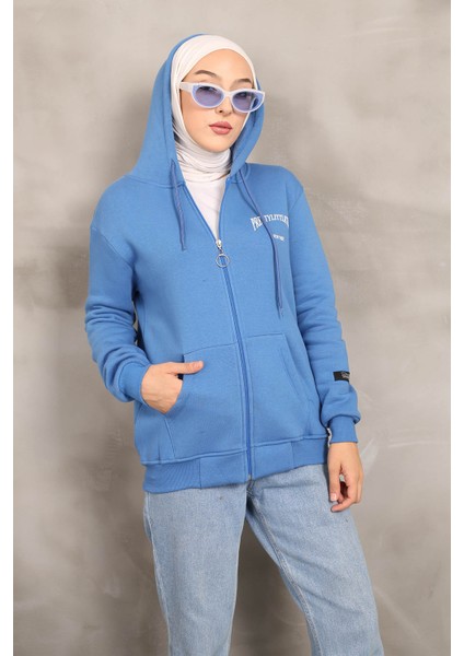 İndigo Kapüşonlu Üç İplik Şardonlu Sweatshirt