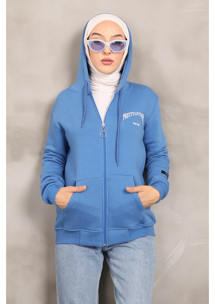İndigo Kapüşonlu Üç İplik Şardonlu Sweatshirt