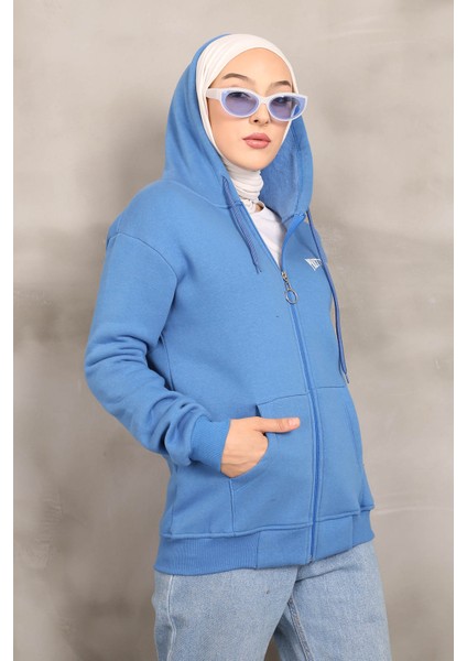 İndigo Kapüşonlu Üç İplik Şardonlu Sweatshirt