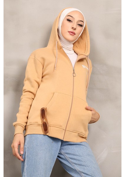 Bisküvi Kapüşonlu Üç İplik Şardonlu Sweatshirt