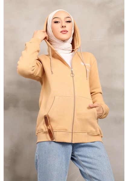 Bisküvi Kapüşonlu Üç İplik Şardonlu Sweatshirt