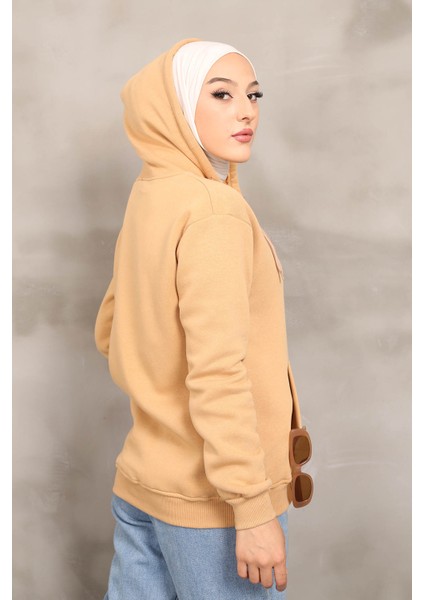 Bisküvi Kapüşonlu Üç İplik Şardonlu Sweatshirt