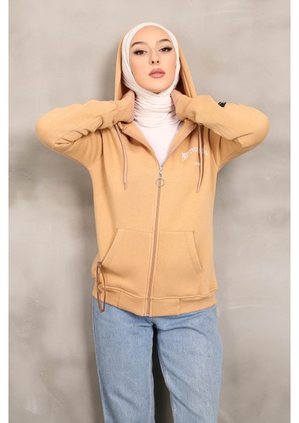 Bisküvi Kapüşonlu Üç İplik Şardonlu Sweatshirt