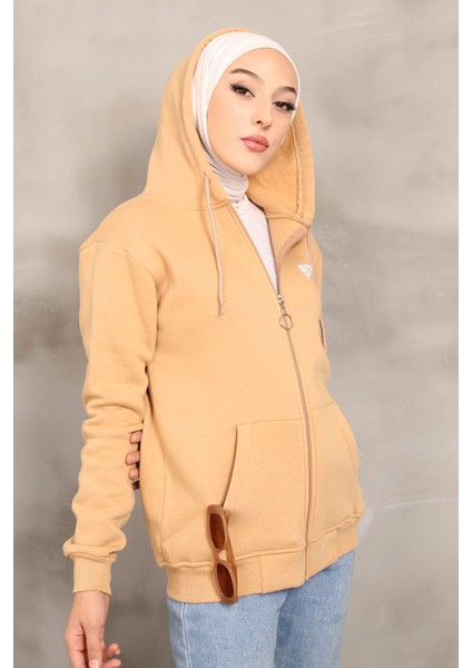 Bisküvi Kapüşonlu Üç İplik Şardonlu Sweatshirt