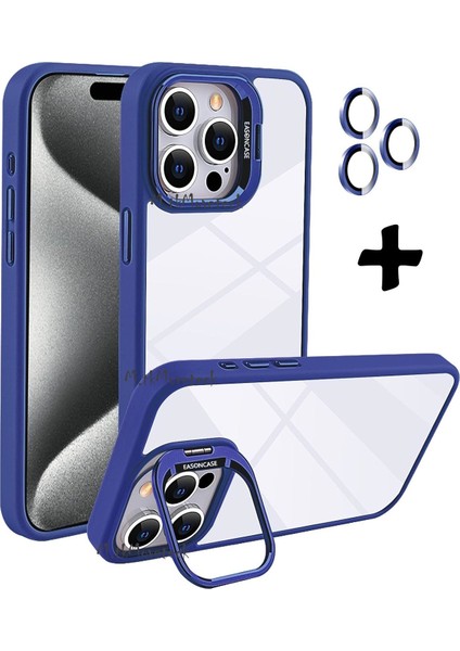 Iphone 15 Pro Kılıf Açılır Kapanır Kamera Standlı Kamera Korumalı + Kamera Lens Camı Bumper Pencereli