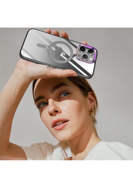 Apple Iphone 15 Pro Max Kılıf Açılır Kapanır Ayarlanabilir Metal Magsafe Açılır Kapanır Standı Push Manyetik Renkli Kenarlı