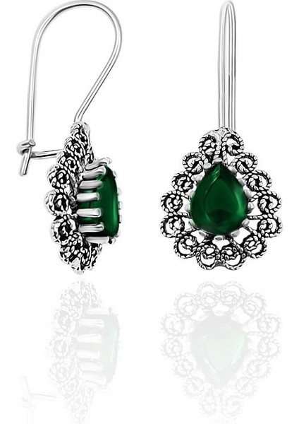 Telkari Gümüş Küpe Zümrüt Taşlı Oksitli 925 Ayar Gümüş Küpe KUPE-538