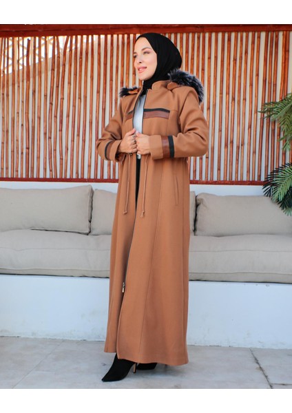 Kmkkombin Kadın Tam Boy Büyükbeden Deri Detaylı Kaşe Kaban Özaltay