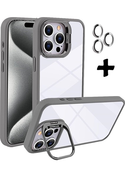 Iphone 15 Pro Kılıf Açılır Kapanır Kamera Standlı Kamera Korumalı + Kamera Lens Camı Bumper Pencereli