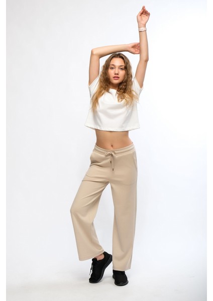Bej Kadın Bol Paça Eşofman Altı Wide Leg Pantolon - Genas fiyatları