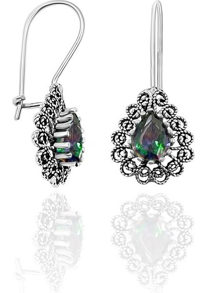 Telkari Gümüş Küpe Mistik Topaz Taşlı Oksitli 925 Ayar Gümüş Küpe KUPE-543