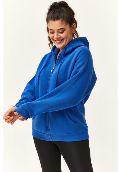 Kadın Büyük Beden Şardonlu Fermuarlı Kalın Mavi Sweatshirt