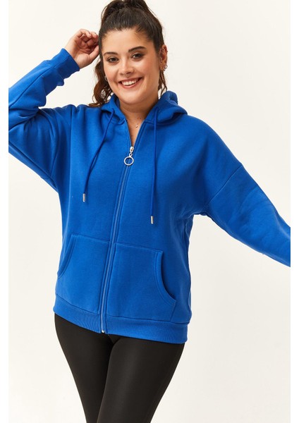 Kadın Büyük Beden Şardonlu Fermuarlı Kalın Mavi Sweatshirt fiyatları