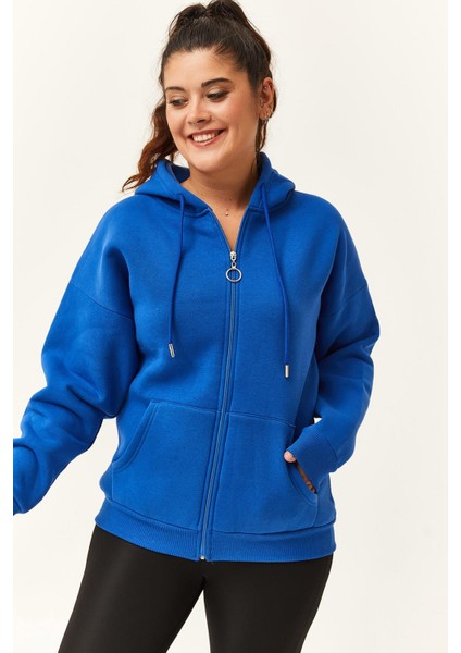 Kadın Büyük Beden Şardonlu Fermuarlı Kalın Mavi Sweatshirt modelleri