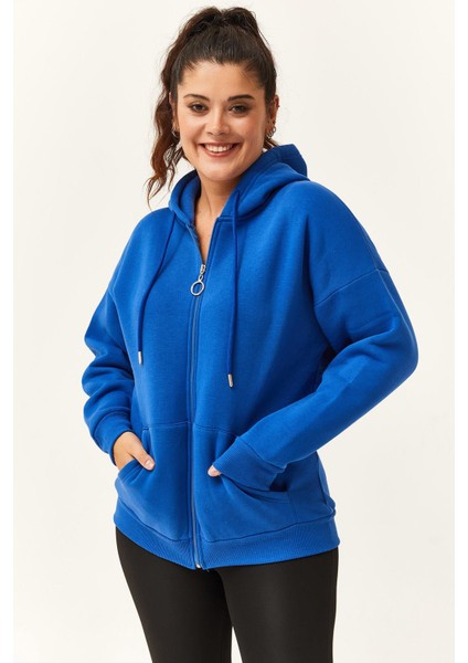 Kadın Büyük Beden Şardonlu Fermuarlı Kalın Mavi Sweatshirt fırsatları