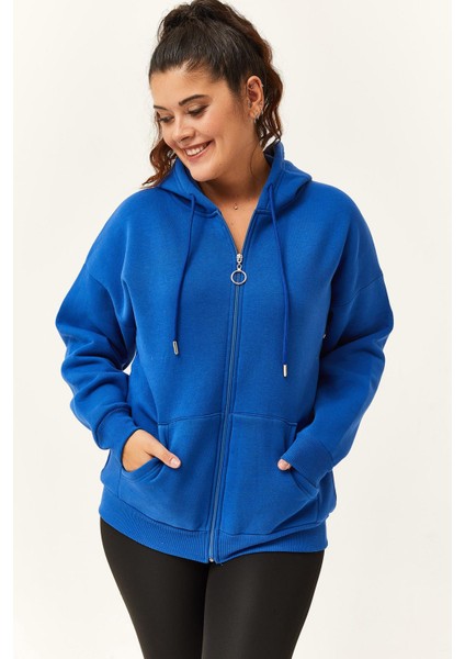 Kadın Büyük Beden Şardonlu Fermuarlı Kalın Mavi Sweatshirt indirimleri