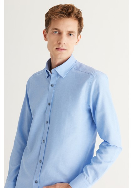 Erkek Mavi Slim Fit Dar Kesim Pamuklu Gizli Düğmeli Yaka Uzun Kollu Oxford Gömlek modelleri