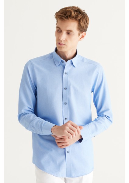 Erkek Mavi Slim Fit Dar Kesim Pamuklu Gizli Düğmeli Yaka Uzun Kollu Oxford Gömlek fırsatları