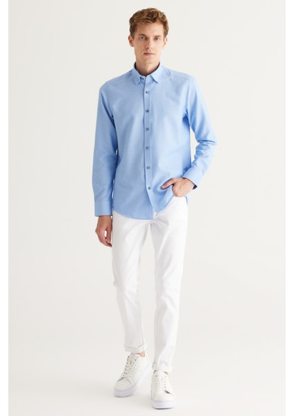 Erkek Mavi Slim Fit Dar Kesim Pamuklu Gizli Düğmeli Yaka Uzun Kollu Oxford Gömlek indirimleri