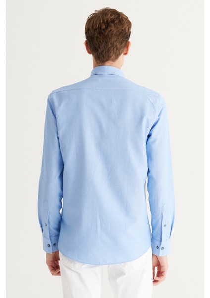 Erkek Mavi Slim Fit Dar Kesim Pamuklu Gizli Düğmeli Yaka Uzun Kollu Oxford Gömlek