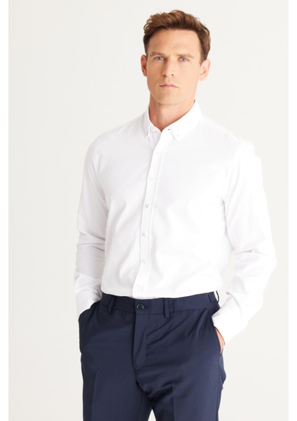 ALTINYILDIZ CLASSICS Erkek Beyaz Slim Fit Dar Kesim Düğmeli Yaka Pamuklu Gabardin Gömlek fırsatları