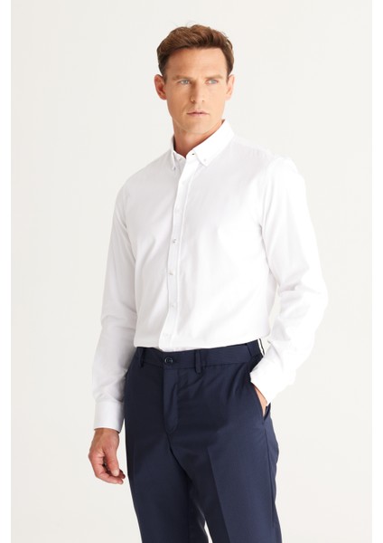 ALTINYILDIZ CLASSICS Erkek Beyaz Slim Fit Dar Kesim Düğmeli Yaka Pamuklu Gabardin Gömlek indirimleri