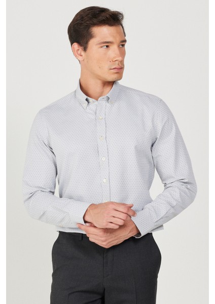 ALTINYILDIZ CLASSICS Erkek Gri Slim Fit Dar Kesim Düğmeli Yaka Armürlü Gömlek