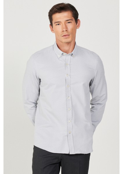 ALTINYILDIZ CLASSICS Erkek Gri Slim Fit Dar Kesim Düğmeli Yaka Armürlü Gömlek modelleri