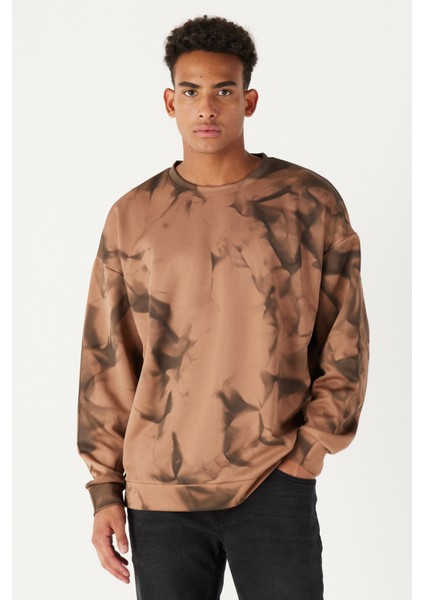 Erkek Vizon Oversize Bol Kesim Bisiklet Yaka Modern Desenli Yumuşak Dokulu Sweatshirt