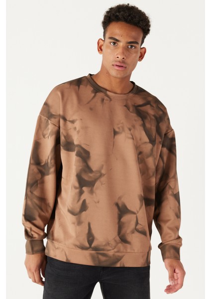 Erkek Vizon Oversize Bol Kesim Bisiklet Yaka Modern Desenli Yumuşak Dokulu Sweatshirt