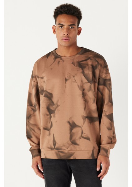 Erkek Vizon Oversize Bol Kesim Bisiklet Yaka Modern Desenli Yumuşak Dokulu Sweatshirt