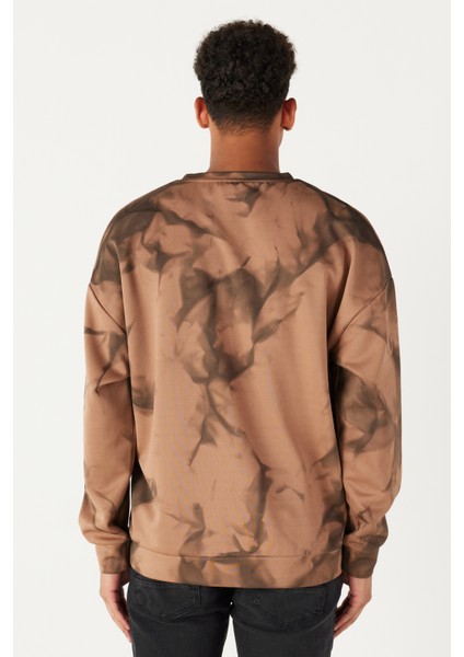 Erkek Vizon Oversize Bol Kesim Bisiklet Yaka Modern Desenli Yumuşak Dokulu Sweatshirt