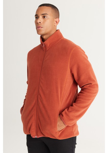 Erkek Açık Kahve Anti-pilling Tüylenme Yapmayan Standart Fit Dik Bato Yaka Sweatshirt Polar Ceket