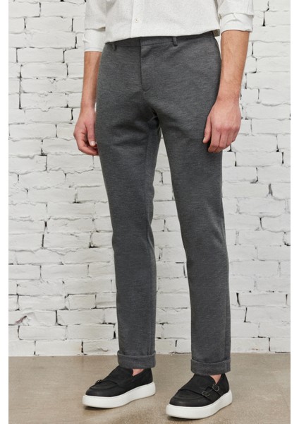 Erkek Antrasit Slim Fit Dar Kesim Kuşgözü Desenli Beli Bağlamalı Jogger Pantolon