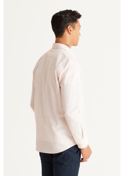ALTINYILDIZ CLASSICS Erkek Beyaz-Turuncu Slim Fit Dar Kesim Gizli Düğmeli Yaka Pamuklu Çizgili Gömlek