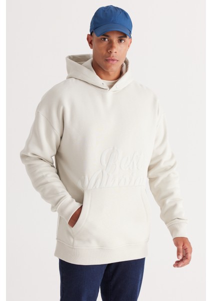 Erkek Bej Oversize Fit Bol Kesim Kapüşonlu Içi Polarlı 3 Iplik Baskılı Sweatshirt